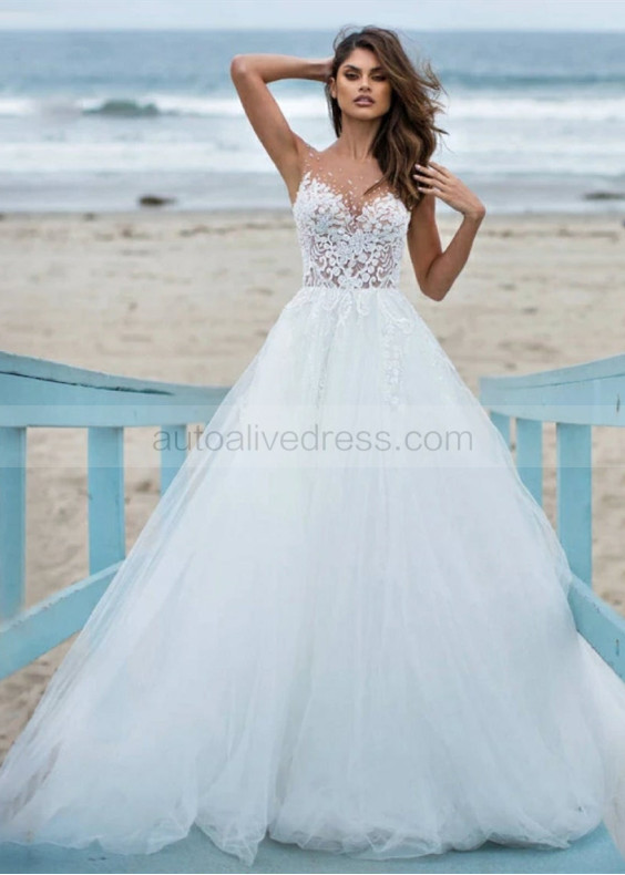 Beaded Scoop Neck Ivory Lace Tulle Boho Beach Wedding Dress
